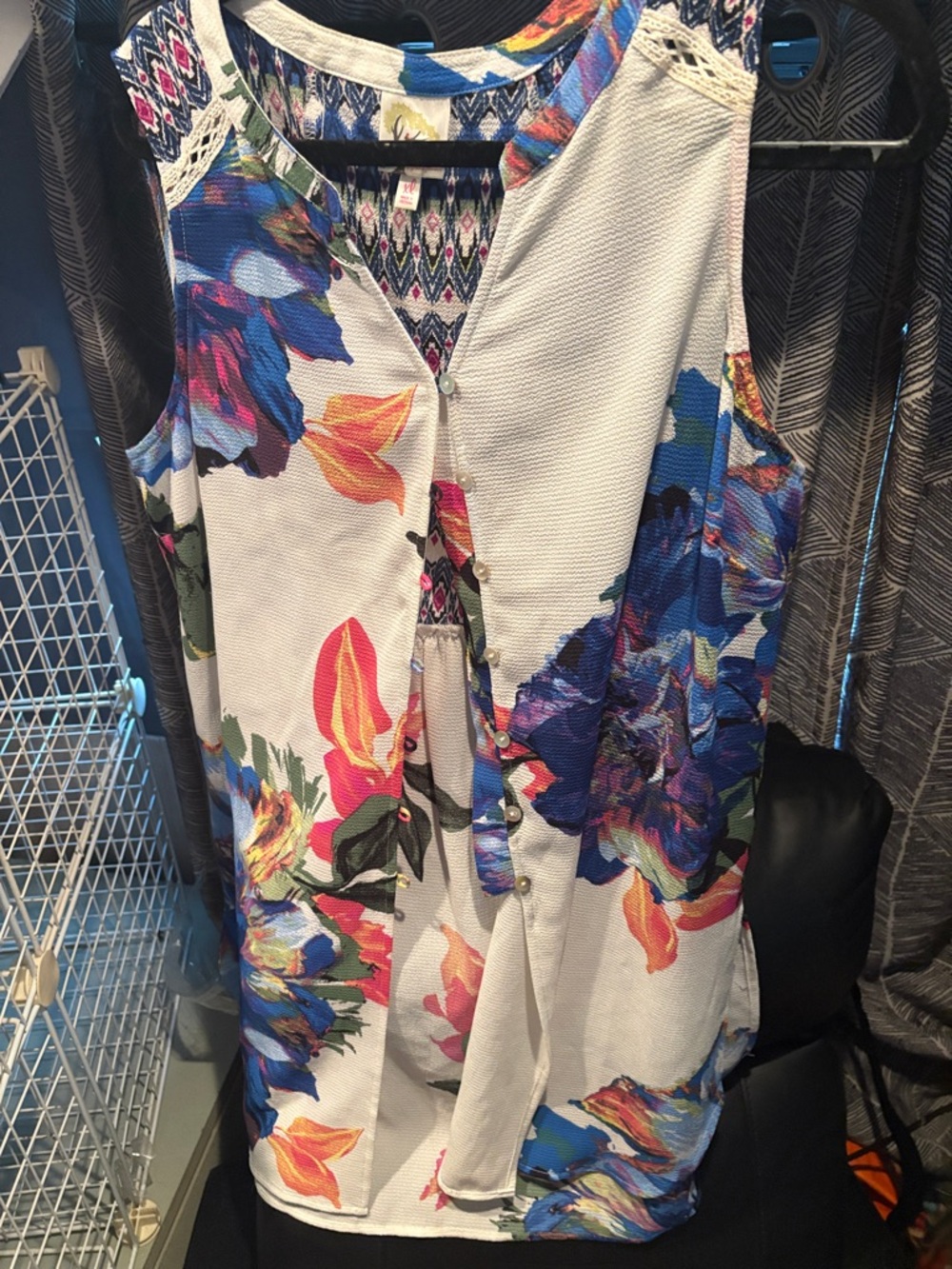 Fig and flowers Sleeveless Blouse - White with Bold Blue & Pink Flowers